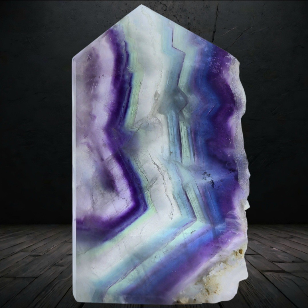 11.3oz (320g) Rainbow Fluorite Purple Blue Quartz Crystal Tower Point Obelisk