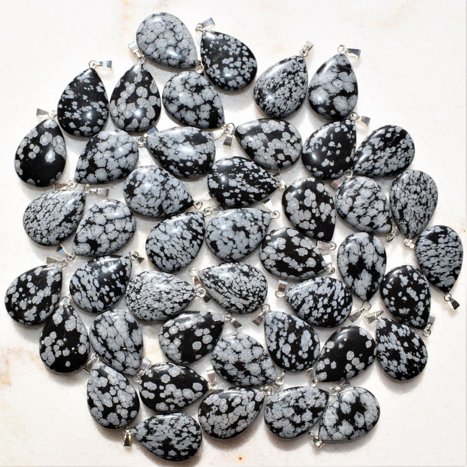 Charged Natural Snowflake Obsidian Teardrop Pendant + 20″ Stainless Steel Chain