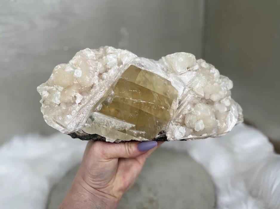 Rainbow Flash Yellow Calcite on Apophyllite and Stilbite Matrix