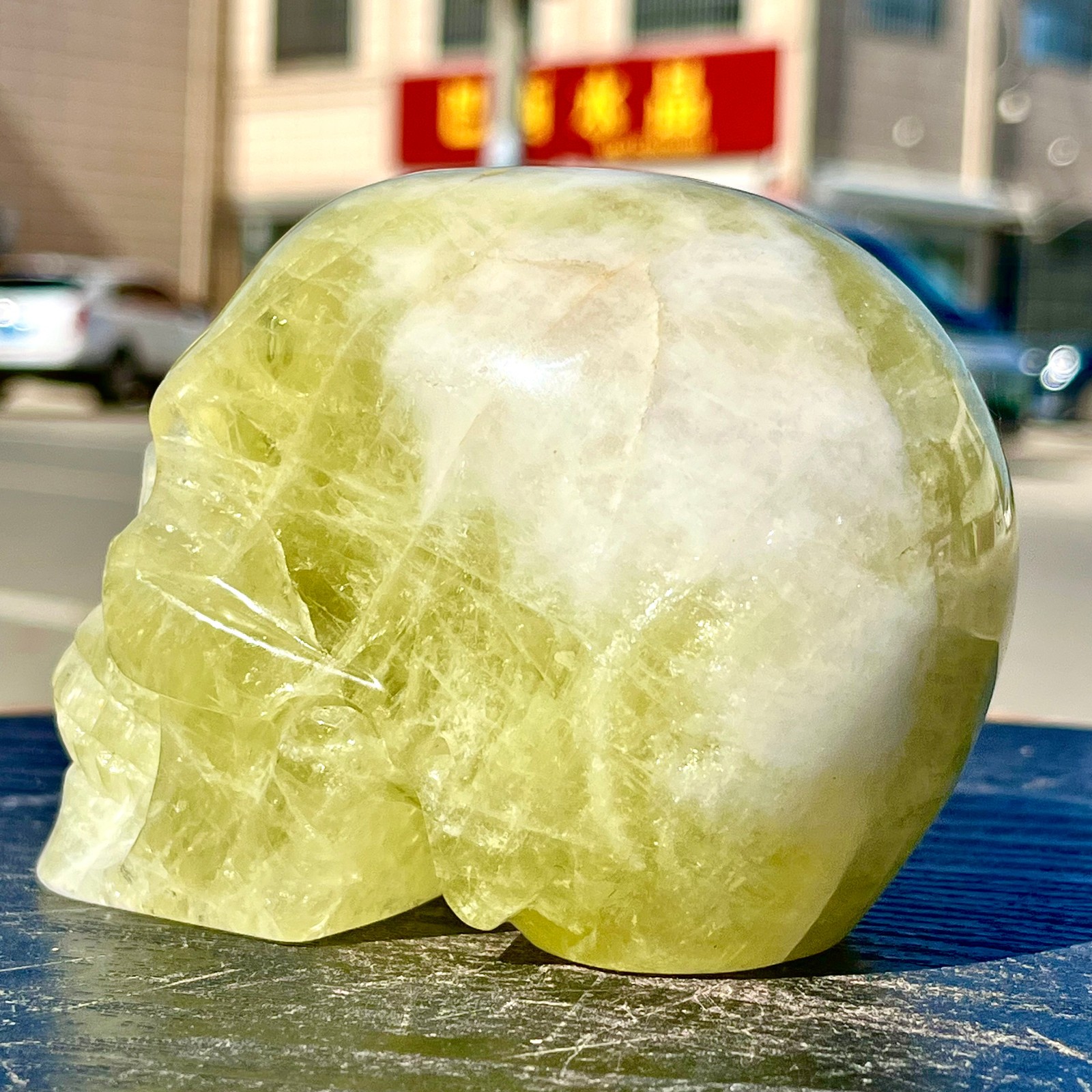 2.24LB Rare natural yellow crystal hand carved skull spiritual ornament