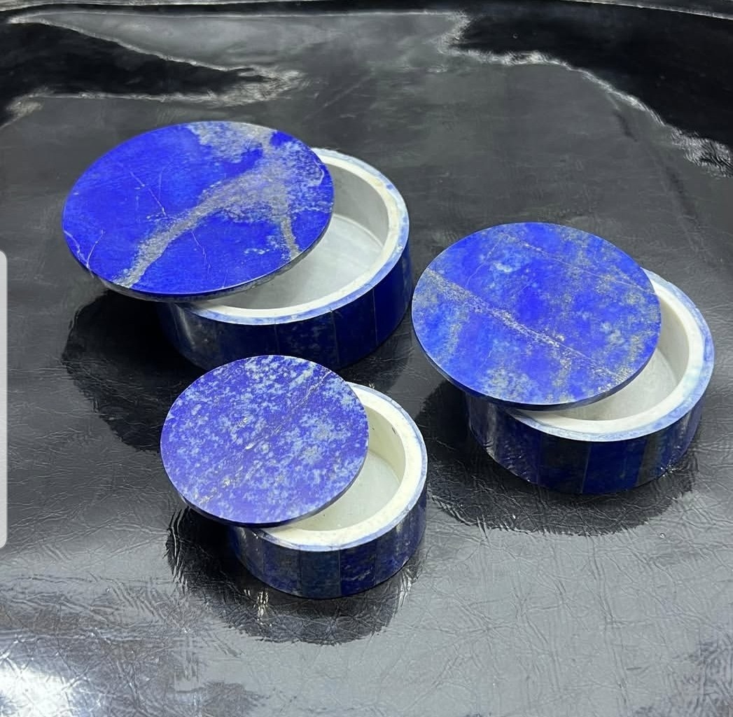 Natural Lapis Lazuli Crystal Box Round Handmade Trinket Holder 3 Box