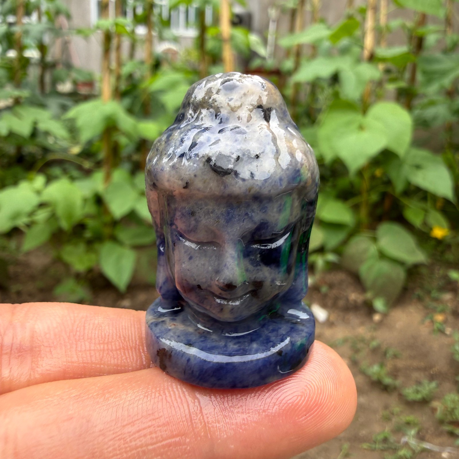 1pc natural blue grain stone Quartz Crystal Carved Buddha’s head Reiki Healing